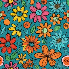 Fototapeta na wymiar bright happy flower doodle seamless floral pattern