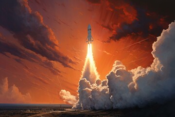Realistic skyward painting of a vertically controlled rocket launch. Generative AI - obrazy, fototapety, plakaty