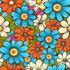 Fototapeta na wymiar retro flowers 60s hippie pattern hand drawn, seamless pattern with flowers