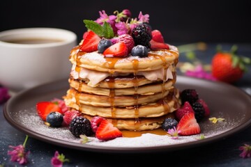 a plate of pancakes with berry and sweet syrup