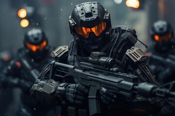 Fototapeta premium Futuristic army Combatants in a Firefight with Rifles and Protective Gear AI Generated