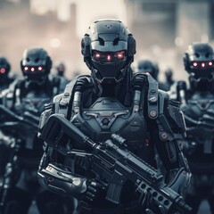 Fototapeta na wymiar Futuristic army Combatants in a Firefight with Rifles and Protective Gear AI Generated