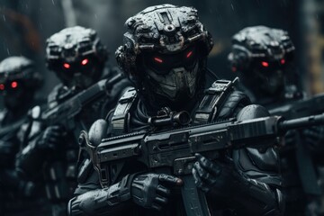 Obraz premium Futuristic army Combatants in a Firefight with Rifles and Protective Gear AI Generated