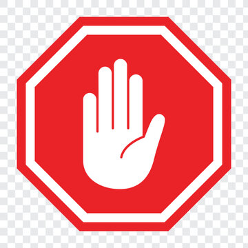 Red Stop Hand Icon . Stop sign icon. Simple red stop road sign with big hand symbol or icon vector illustration.
