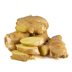 Fototapeta premium Fresh ginger rhizome with sliced isolated on white background. 