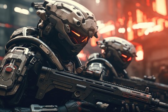 Futuristic army Combatants in a Firefight with Rifles and Photo Realistic Image of Soldier in Full Gear in Night AI Generated