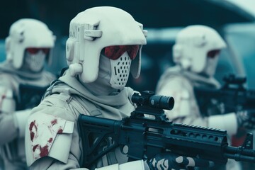 Fototapeta premium Futuristic army Combatants in a Firefight with Rifles and Photo Realistic Image of Soldier in Full Gear in Night AI Generated