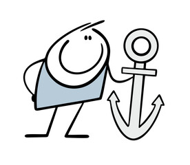 Stickman hugs a large anchor from cartoon naval vessel. The vector illustration of sailors is symbol of travel and adventure. Isolated character on white background.