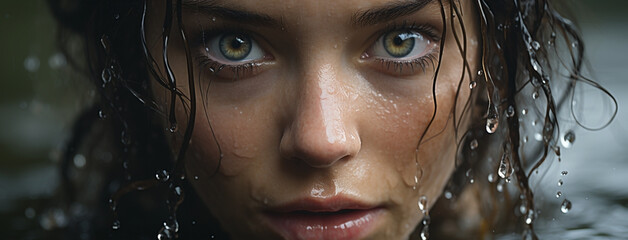 Closeup face photo of a lady looking at the camera with wet hair and fair white skin  - obrazy, fototapety, plakaty