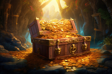 Treasure chest full of gold coins. Treasure concept. 3d rendering - obrazy, fototapety, plakaty