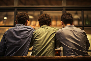Rear view of a group of men drinking beer in a pub