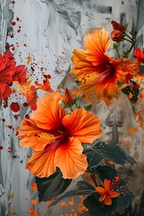 Radiant Hibiscus with Vivid Splashes - Exotic and Bold Floral Artwork