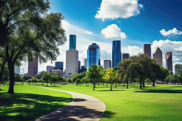 Fototapeta premium Green park and city skyline with blue sky background. Vector illustration.