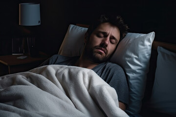 Fototapeta premium Sick man blowing his nose while lying in bed at home.