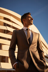 Latino man wearing structured and well-fitted outfit standing within a minimalist space, Low-angle Shot, created with Generative AI