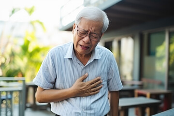 Asian senior man suffering from chest pain at home. Healthcare and medical concept