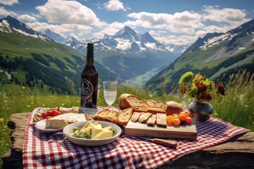 Picnic in the Alps with a variety of food and drinks. - obrazy, fototapety, plakaty