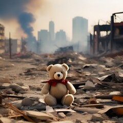  Lone teddy bear amid war's aftermath, symbolizing children's resilience. A poignant portrayal of hope rising from chaos. Ideal for conveying strength and innocence.