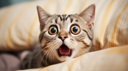 surprised cat make big eyes. American shorthair surprised cat or kitten funny face big eyes, cute, domestic, kitten, feline, Emotional surprised, kitty, wow - obrazy, fototapety, plakaty