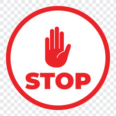 Red Stop Hand Icon . Stop sign icon. Simple red stop road sign with big hand symbol or icon vector illustration.
