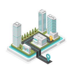 Isometric city map mobile navigation. Urban district on smartphone screen with start and finish pins. Modern logistic or delivery, flawless vector scene