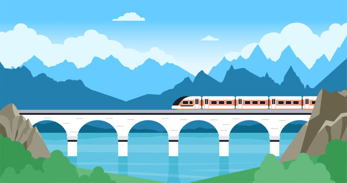 Train on bridge landscape. Electric railway in mountain, travel and adventures. Fast transportation on modern railroad, traveling decent vector background