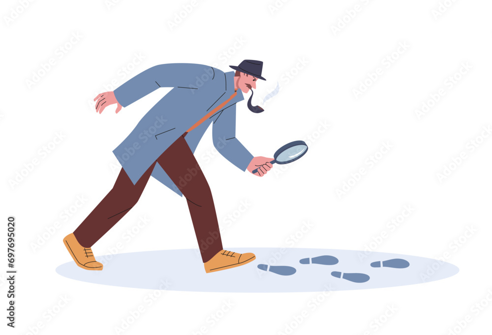 Sticker private detective looking footprints through magnifying glass. agent follow to evidence, police inve