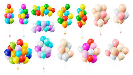Colourful realistic isolated balloons bunches. Balloon with ribbon and bow, decorative party elements. Birthday, anniversary, graduation pithy vector decor