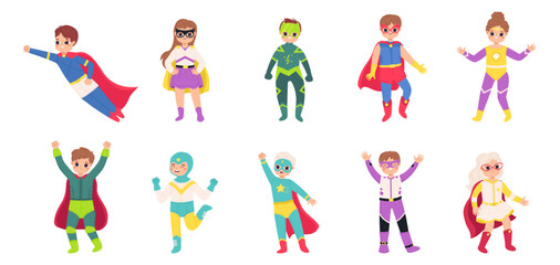 Children wear heroes costumes. Cartoon super girl and boy flying. Superhero little kids, isolated funny brave toddlers. Cute snugly vector characters - obrazy, fototapety, plakaty
