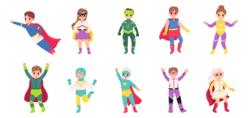Fotobehang Children wear heroes costumes. Cartoon super girl and boy flying. Superhero little kids, isolated funny brave toddlers. Cute snugly vector characters © MicroOne