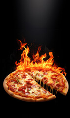 Illustration of hot pizza burning with fire flames isolated dark background