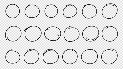 Hand drawn circle or oval line sketch set. Hand drawing circular scribble doodle round circles. Vector illustration for message note mark design element on a transparent background. - obrazy, fototapety, plakaty