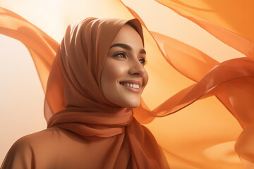 woman wearing a hijab smiles against the brightly colored fabric