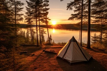 a tent in woods with breathtaking lake view at sunset. Generative AI
