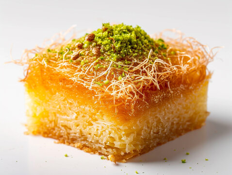 Close-up of Arabic dessert Kunafa on a white background. 