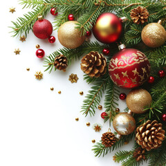 christmas background with christmas tree and balls, free space for text, blank canvas