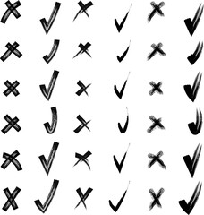 Yes and no. Brush hand drawn doodle checkmarks and crosses set collection. Pencil hand drawn checkmarks and little crosses. Scribble, pen sketches. Vector illustration