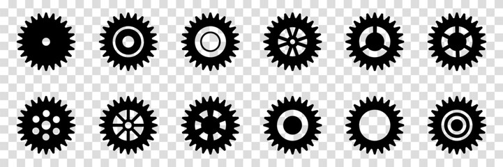 Collection of mechanical cogwheels. Gears icon set. Setting gears icon. Vector illustration with black silhouettes sprocket icons or signs design element. Transparent isolated background.