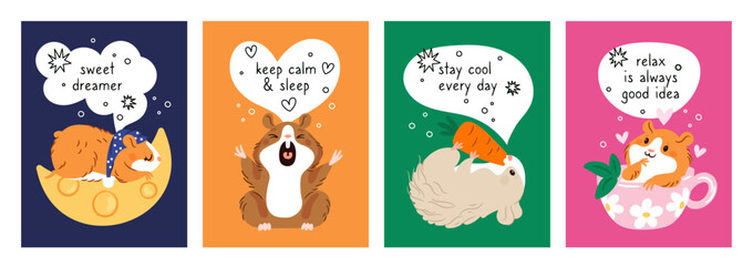 Cartoon hamsters. Funny cards with little animals. Pretty pets relax. Cute inscriptions. Adorable mammals eat carrot. Sleeping rodent. Childish posters with mascots. Garish vector set