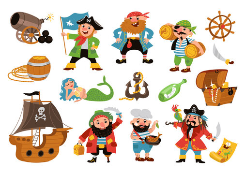 Cartoon pirates elements. Funny sea robbers. Sail ship with cannon and anchor. Mermaids and chest of gold. Cute cook. Filibuster captain and sailors. Marine adventure. Splendid vector set
