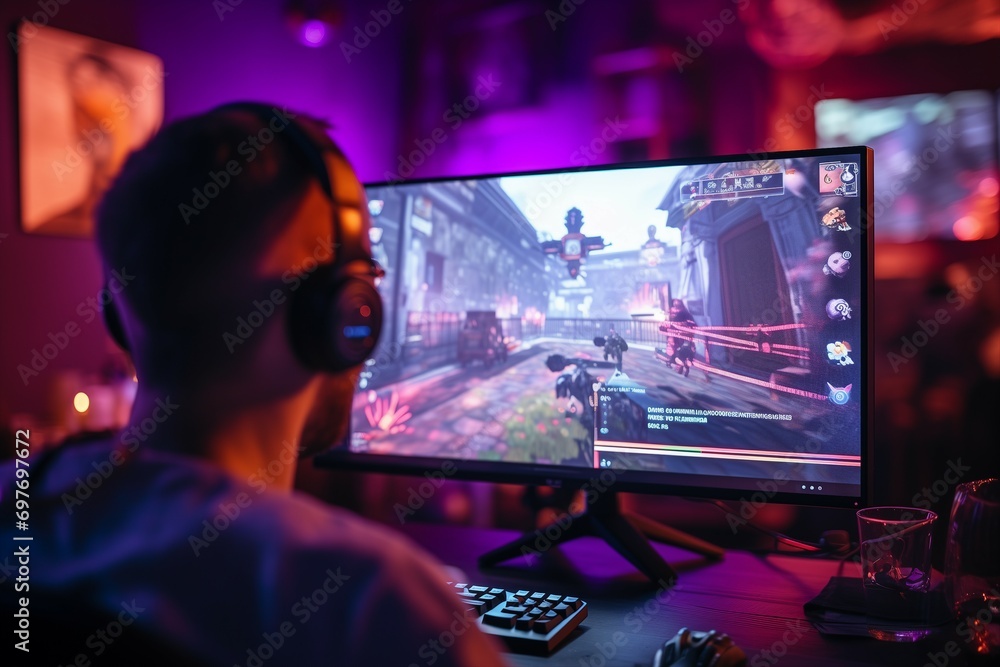 Poster a man is playing a video game on a computer