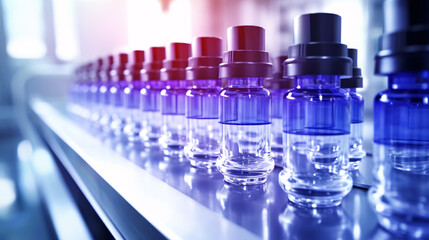 Vials of liquid medication in production line, pharmaceutical manufacturing, medicine and vaccine concept, close up shot.