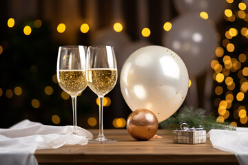 Two glasses of champagne and gift box on the wooden table with party ornament and balloons in white...