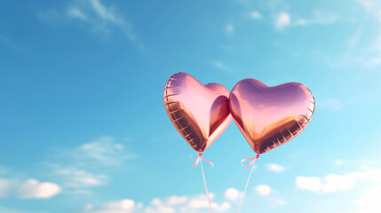 Fototapeta premium Shiny pink heart shaped balloons with string floating in the blue sky, Valentine s day background.