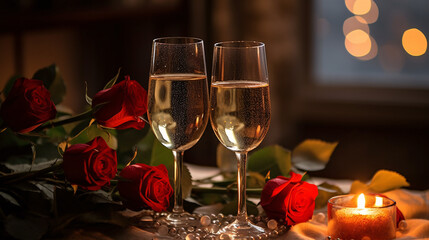 Red rose bouquet and two glasses of wine on the table, candlelight romantic dinner concept, Valentine s day background.