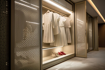 White and beige walk in closet, with open wardrobe on white marble floor, modern luxury mixed with minimal style feminine dressing room interior design.
