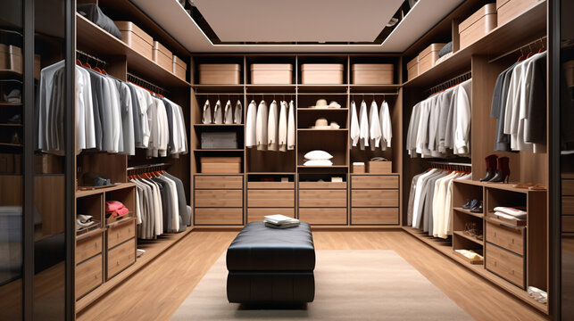 Walk in closet with luxury warm wooden wardrobe, drawer and stool with beautiful lighting, modern and minimal style dressing room interior design.