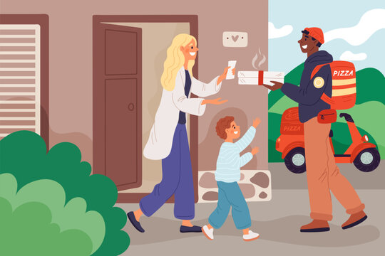 Food delivery service. Courier with groceries at house door. Guy gives pizza to woman with child. People receive quick order at porch. Express shipping from pizzeria. Garish vector concept