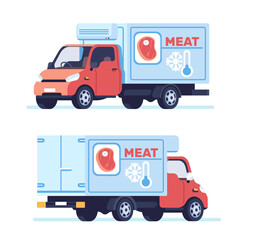 Machine with refrigerator for meat safe transportation. Cargo truck. Food product delivery. Cold temperature storage. Freight lorry front or back view. Grocery shipping. Vector concept