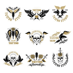 Tattoo salon. Art studio logotype set recent vector tattoo logo